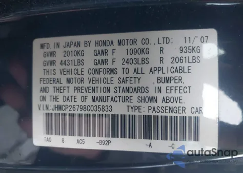 2008 Honda Accord 2.4 Ex from USA, damaged, VIN JHMCP26798C035833